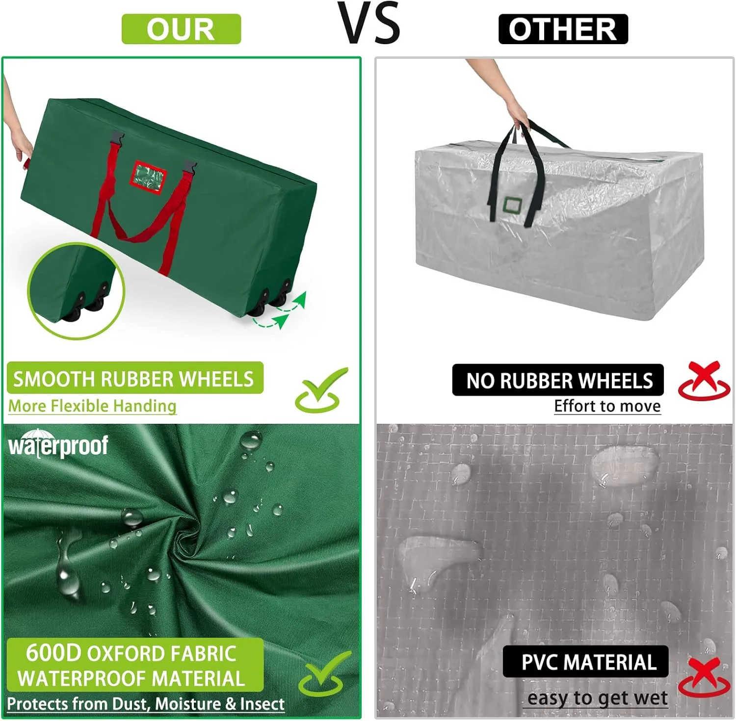 [ 2 Wheels & Buckle Straps ] Rolling Christmas Tree Storage Bag Fits 7.5 Ft Disassembled Tree, 50x20x12 Inch Waterproof 600D Oxford Card Slot Handles Dual Zipper Holiday Xmas Storage Container (Green)