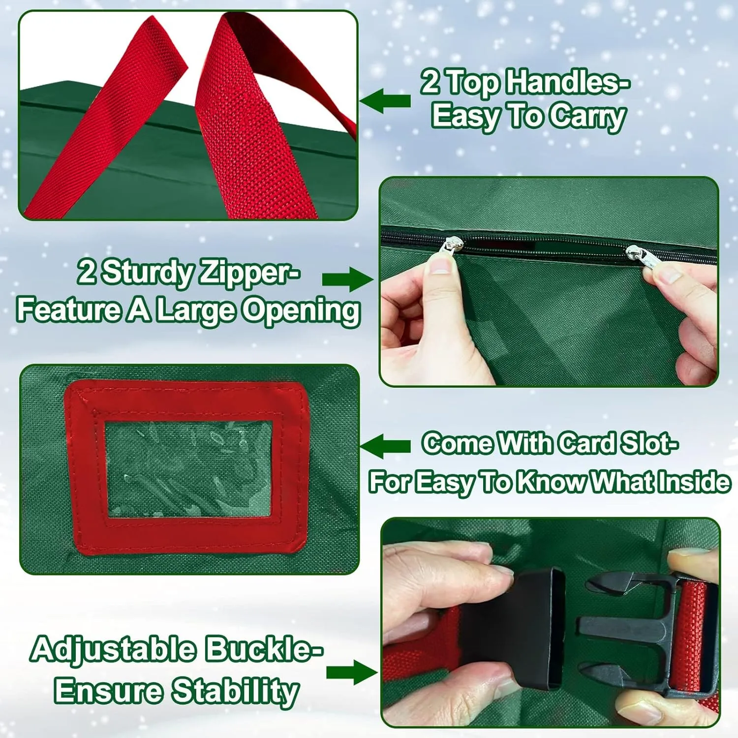 [ 2 Wheels & Buckle Straps ] Rolling Christmas Tree Storage Bag Fits 7.5 Ft Disassembled Tree, 50x20x12 Inch Waterproof 600D Oxford Card Slot Handles Dual Zipper Holiday Xmas Storage Container (Green)