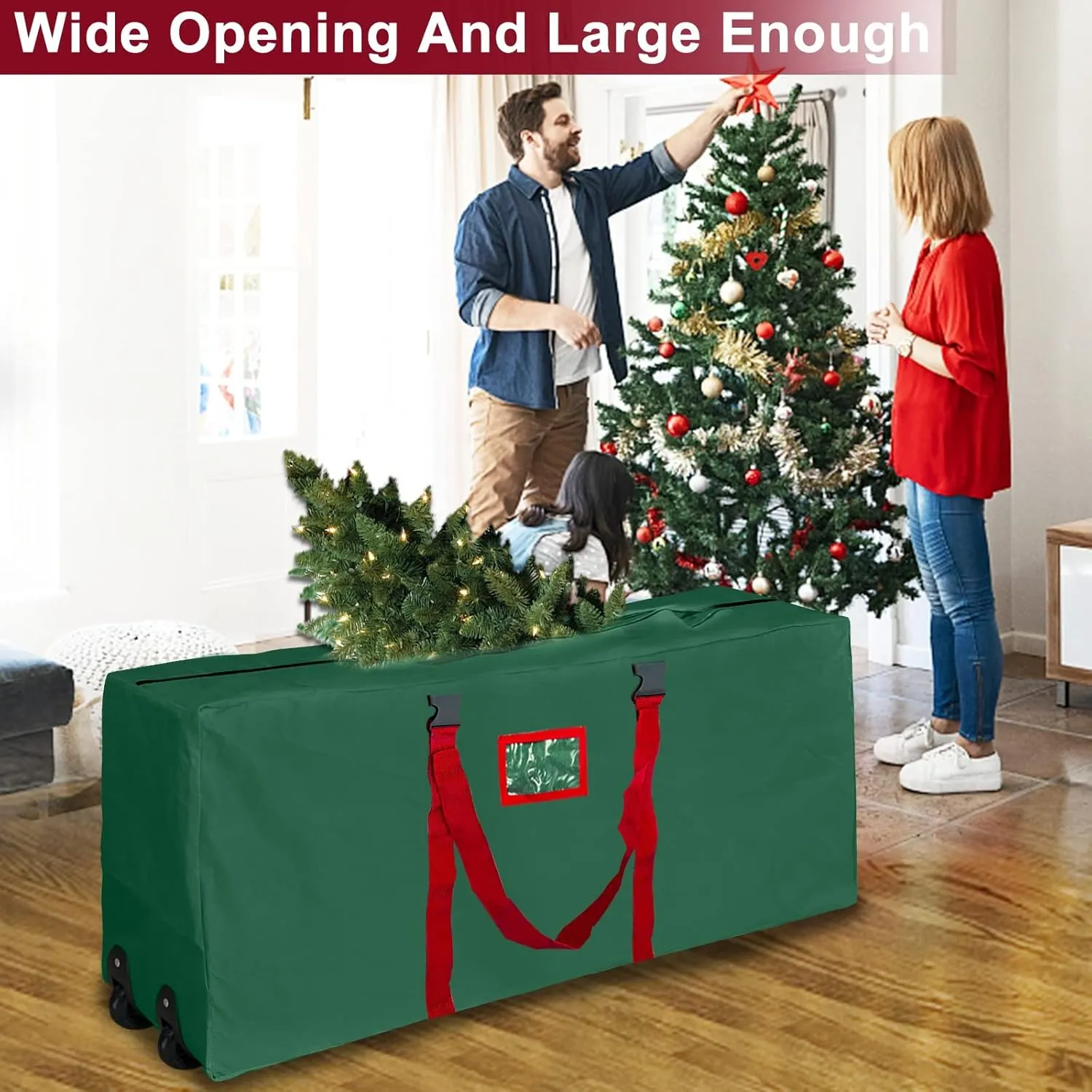 [ 2 Wheels & Buckle Straps ] Rolling Christmas Tree Storage Bag Fits 7.5 Ft Disassembled Tree, 50x20x12 Inch Waterproof 600D Oxford Card Slot Handles Dual Zipper Holiday Xmas Storage Container (Green)