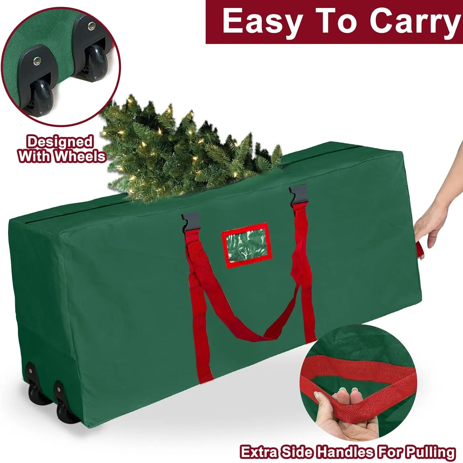 [ 2 Wheels & Buckle Straps ] Rolling Christmas Tree Storage Bag Fits 7.5 Ft Disassembled Tree, 50x20x12 Inch Waterproof 600D Oxford Card Slot Handles Dual Zipper Holiday Xmas Storage Container (Green)