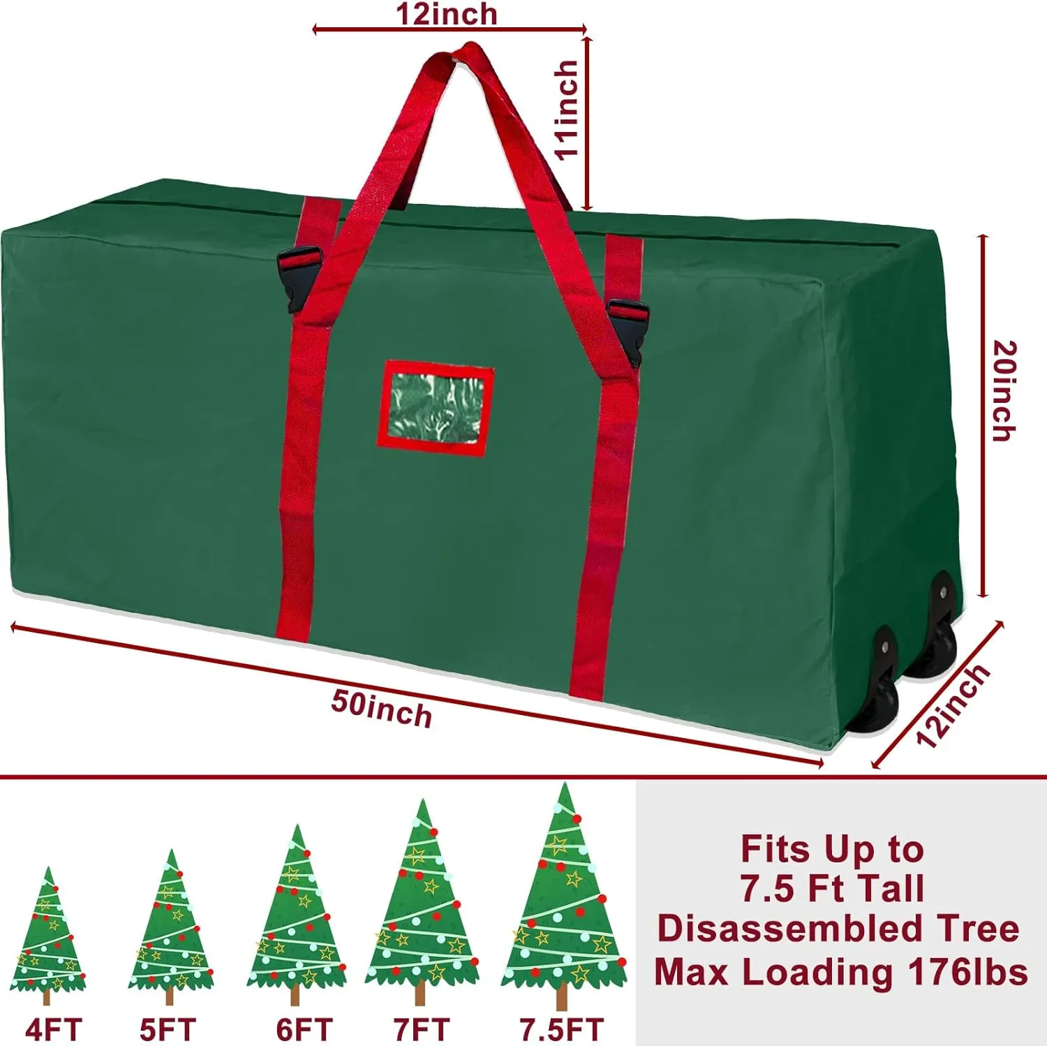[ 2 Wheels & Buckle Straps ] Rolling Christmas Tree Storage Bag Fits 7.5 Ft Disassembled Tree, 50x20x12 Inch Waterproof 600D Oxford Card Slot Handles Dual Zipper Holiday Xmas Storage Container (Green)