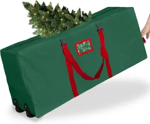 [ 2 Wheels & Buckle Straps ] Rolling Christmas Tree Storage Bag Fits 7.5 Ft Disassembled Tree, 50x20x12 Inch Waterproof 600D Oxford Card Slot Handles Dual Zipper Holiday Xmas Storage Container (Green)