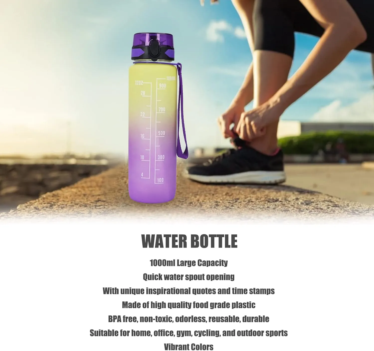 1000ML Water Bottle, Portable BPAFree Gradient Frosted Sport Water Bottle Bounce Cover Space Cup Fitness Kettle with Sticker Rope for Men Women (purple cover gradient)
