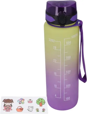1000ML Water Bottle, Portable BPAFree Gradient Frosted Sport Water Bottle Bounce Cover Space Cup Fitness Kettle with Sticker Rope for Men Women (purple cover gradient)