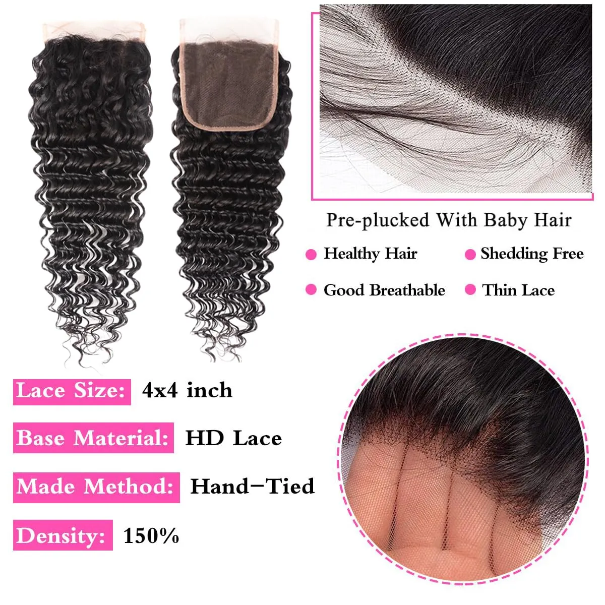 10A Deep Wave Bundles with Closure 16 18 20 14 Inch Wet and Wavy Brazilian Virgin Human Hair 3 Bundles with HD Lace Closure 100% Unprocessed Curly Human Hair Bundles with Lace Closure Natural Color