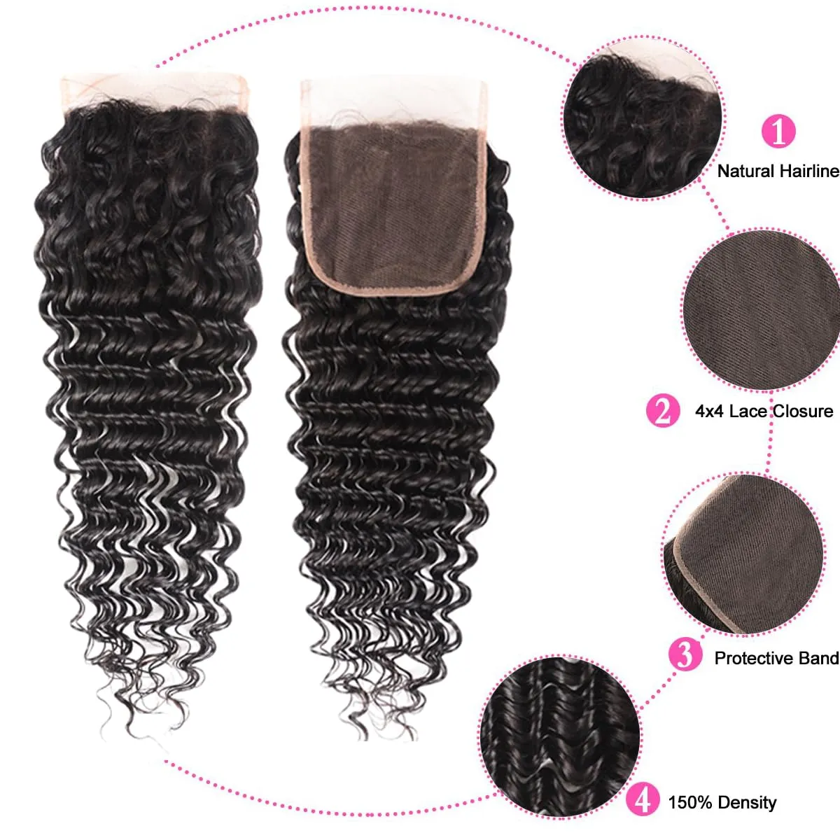 10A Deep Wave Bundles with Closure 16 18 20 14 Inch Wet and Wavy Brazilian Virgin Human Hair 3 Bundles with HD Lace Closure 100% Unprocessed Curly Human Hair Bundles with Lace Closure Natural Color