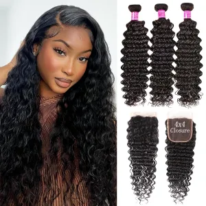 10A Deep Wave Bundles with Closure 16 18 20 14 Inch Wet and Wavy Brazilian Virgin Human Hair 3 Bundles with HD Lace Closure 100% Unprocessed Curly Human Hair Bundles with Lace Closure Natural Color