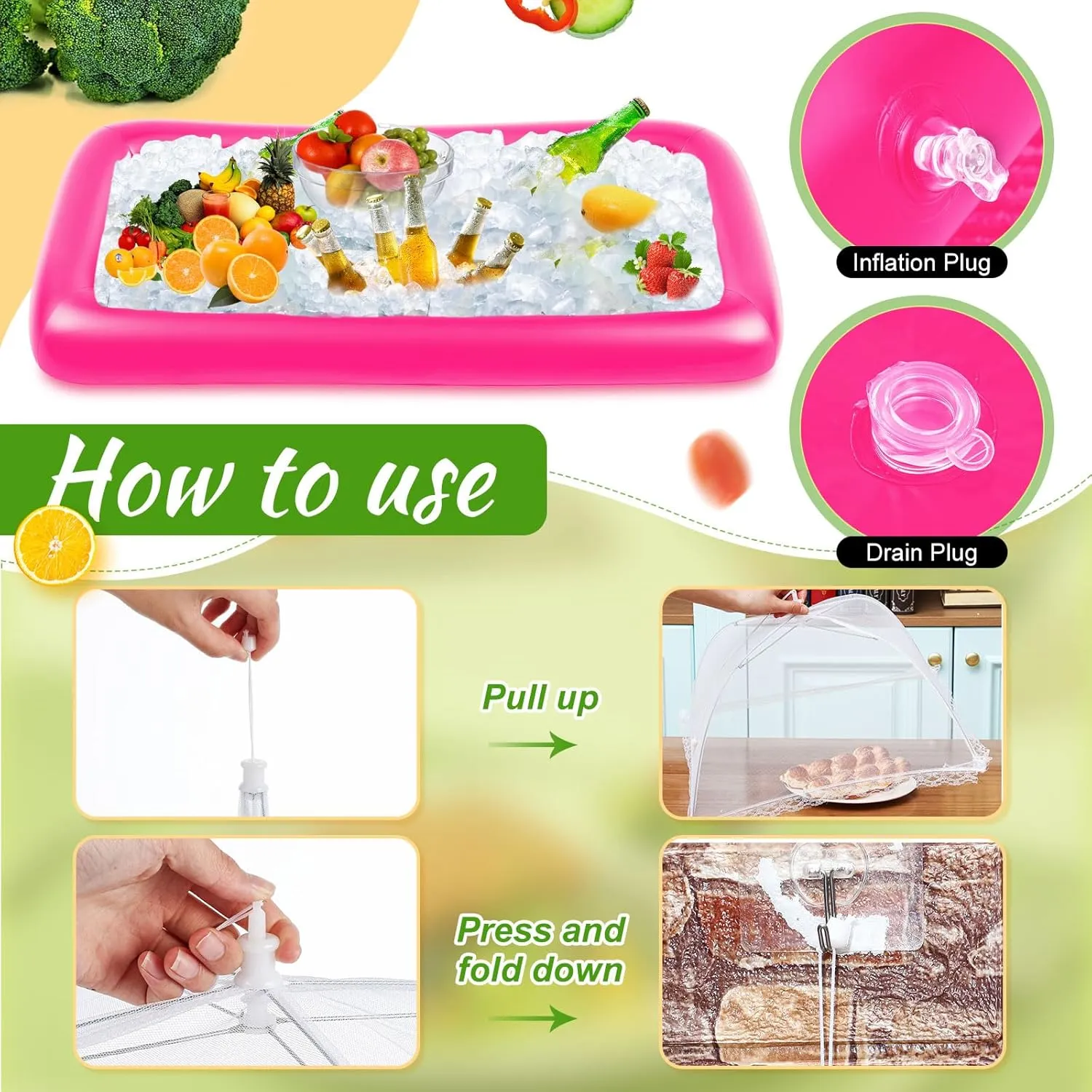 128 Pcs Inflatable Cooler for Parties 2 Inflatable Serving Bars Buffet Cooler for Parties 3 Food Cover 6 Salad Bowl 12 Serving Utensils 5 Plastic Appetizer Tray 100 Labels(Pink)