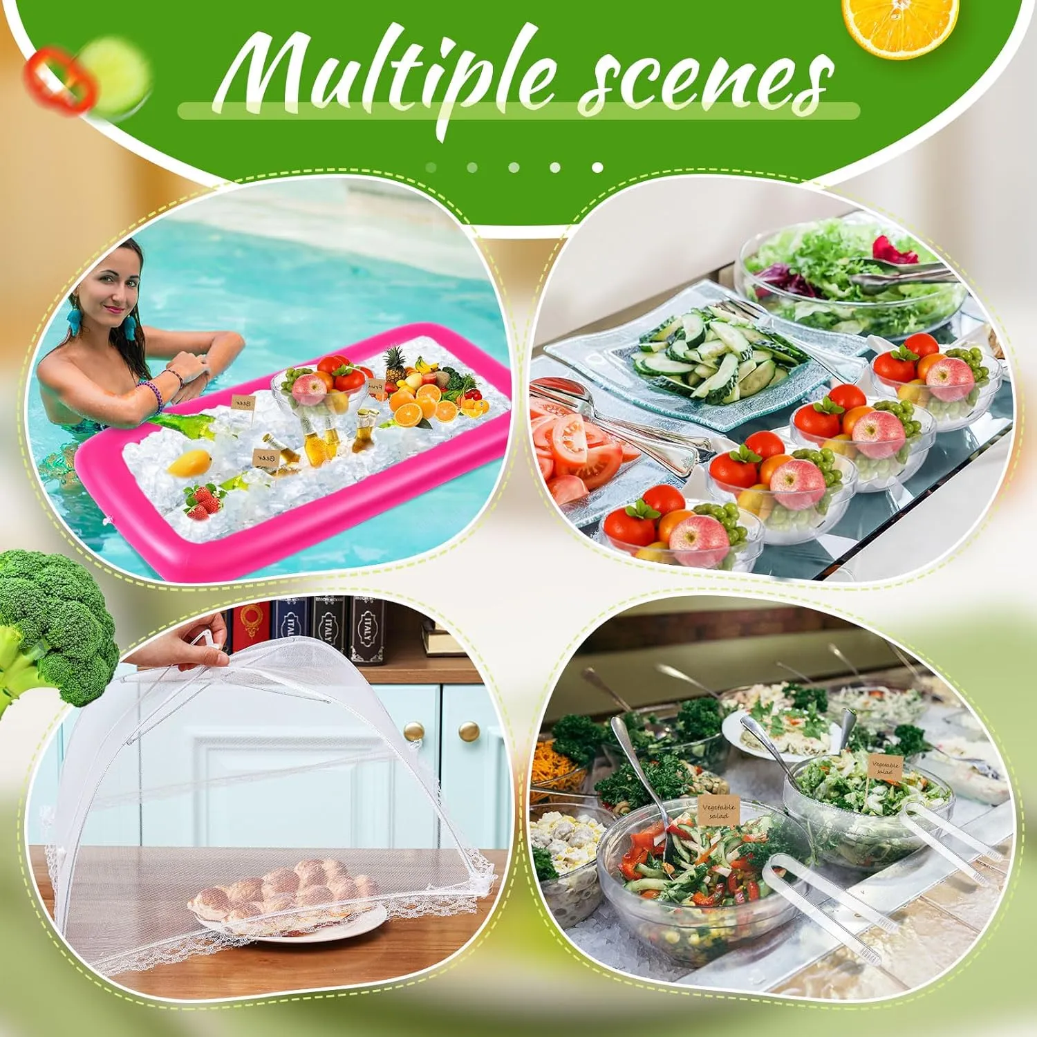 128 Pcs Inflatable Cooler for Parties 2 Inflatable Serving Bars Buffet Cooler for Parties 3 Food Cover 6 Salad Bowl 12 Serving Utensils 5 Plastic Appetizer Tray 100 Labels(Pink)