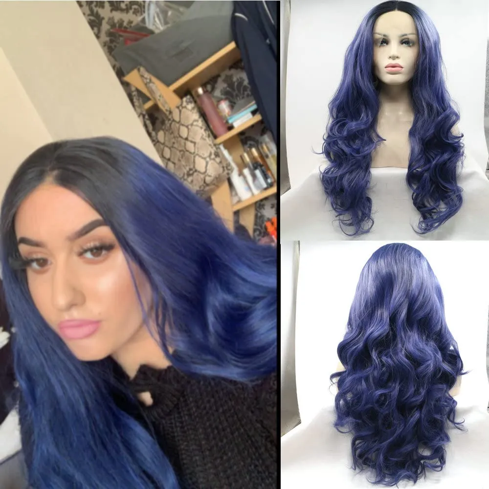 13x3 Pre-plucked Ombre Dark Blue Synthetic Lace Front Wigs for Women 1B Black Ombre Blue Body Wave Heat Resistant Half Hand Tied Replacement Wigs 24"