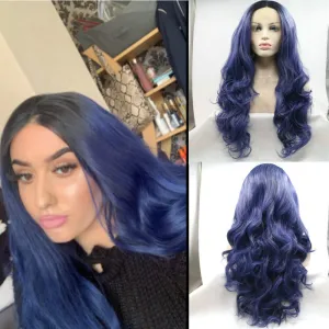 13x3 Pre-plucked Ombre Dark Blue Synthetic Lace Front Wigs for Women 1B Black Ombre Blue Body Wave Heat Resistant Half Hand Tied Replacement Wigs 24"