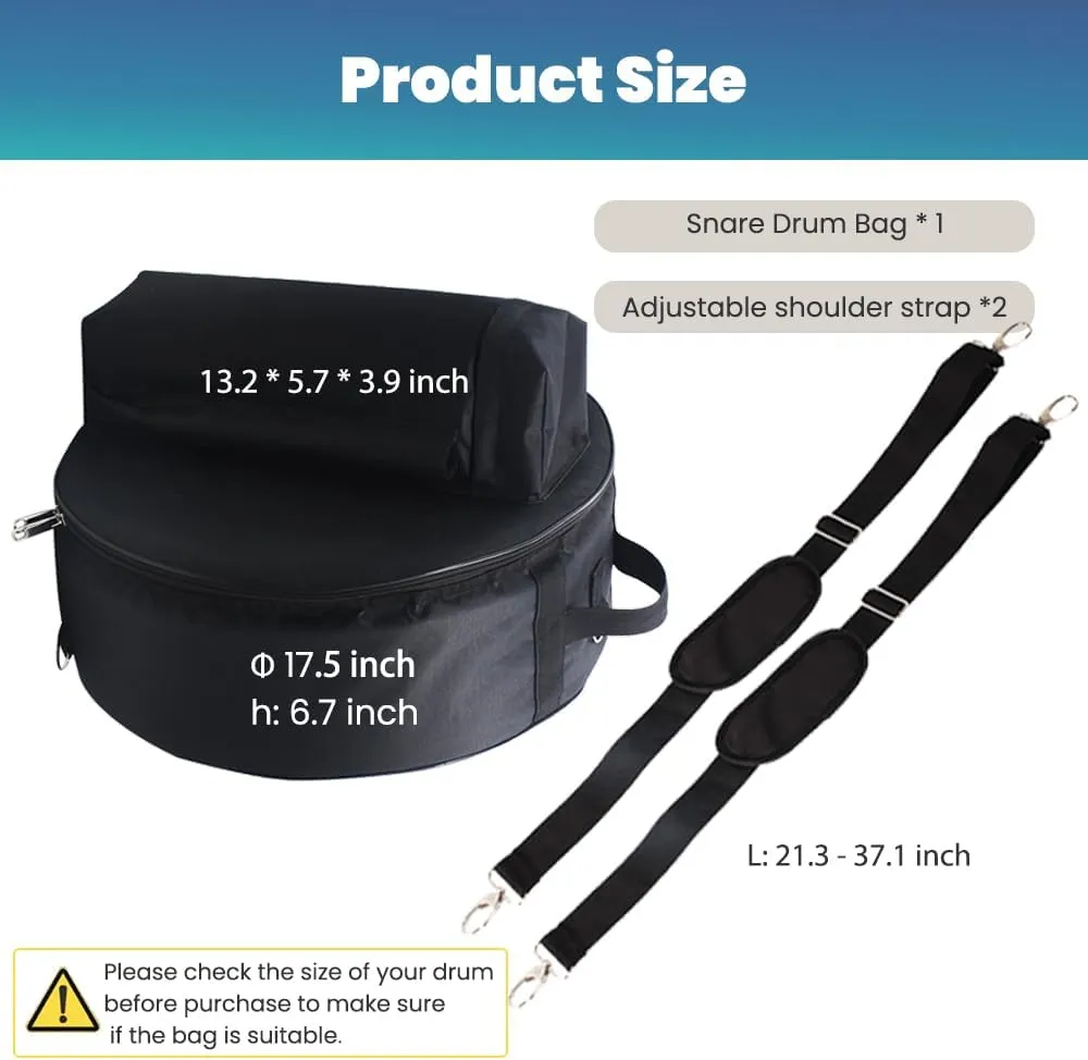 14 inch Snare Drum Bag,Waterproof Padded Snare Drum Cases with Backpack for Accessories,Adjustable Shoulder Straps Protable Travel Drum Case (Black, 17.5 x 17.5 x 6.7 inches （Fits 14-inch drums）)