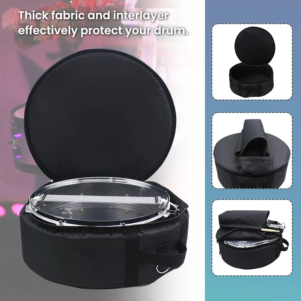 14 inch Snare Drum Bag,Waterproof Padded Snare Drum Cases with Backpack for Accessories,Adjustable Shoulder Straps Protable Travel Drum Case (Black, 17.5 x 17.5 x 6.7 inches （Fits 14-inch drums）)