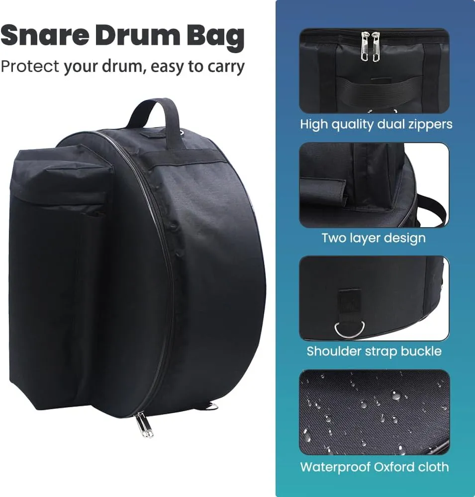 14 inch Snare Drum Bag,Waterproof Padded Snare Drum Cases with Backpack for Accessories,Adjustable Shoulder Straps Protable Travel Drum Case (Black, 17.5 x 17.5 x 6.7 inches （Fits 14-inch drums）)