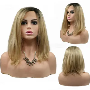 14" Natural Hairline Short Bob Wig for Women Side Part Shoulder Length Dark Roots Ombre Blonde Bob Synthetic Lace Front Wigs Daily Use Girls Replacement Drag Queen Wig 180% Density(4T)