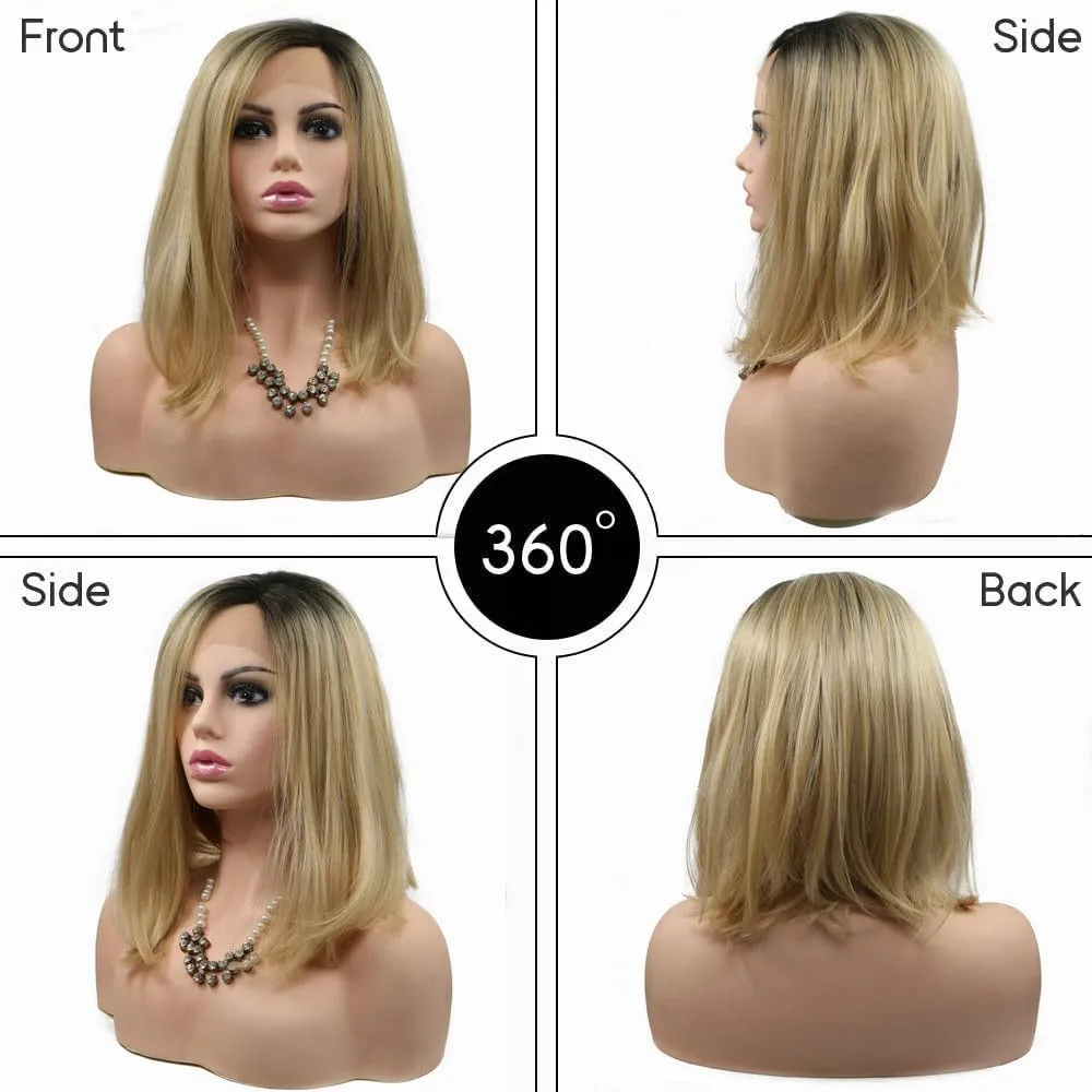 14" Natural Hairline Short Bob Wig for Women Side Part Shoulder Length Dark Roots Ombre Blonde Bob Synthetic Lace Front Wigs Daily Use Girls Replacement Drag Queen Wig 180% Density(4T)