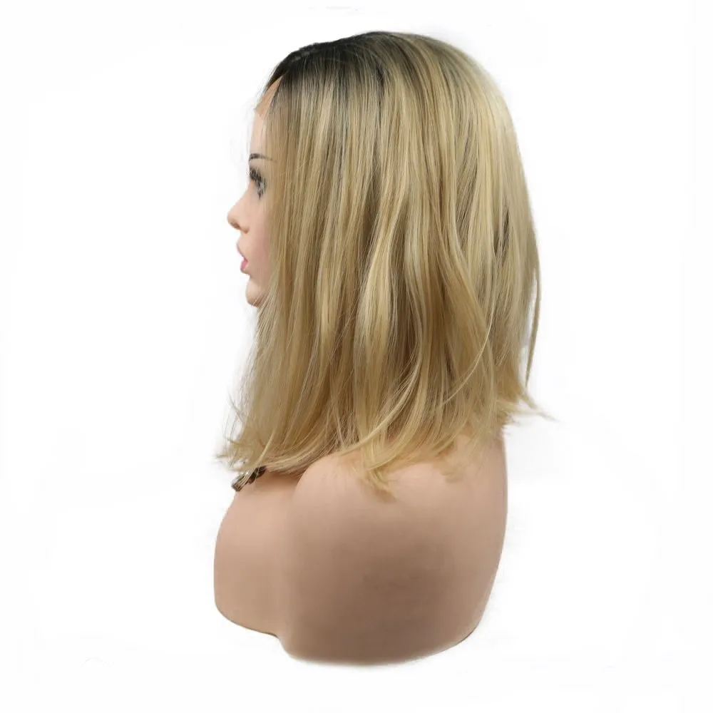14" Natural Hairline Short Bob Wig for Women Side Part Shoulder Length Dark Roots Ombre Blonde Bob Synthetic Lace Front Wigs Daily Use Girls Replacement Drag Queen Wig 180% Density(4T)