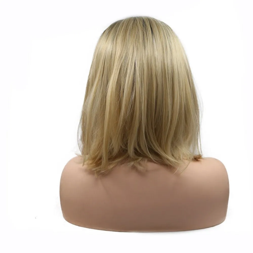 14" Natural Hairline Short Bob Wig for Women Side Part Shoulder Length Dark Roots Ombre Blonde Bob Synthetic Lace Front Wigs Daily Use Girls Replacement Drag Queen Wig 180% Density(4T)