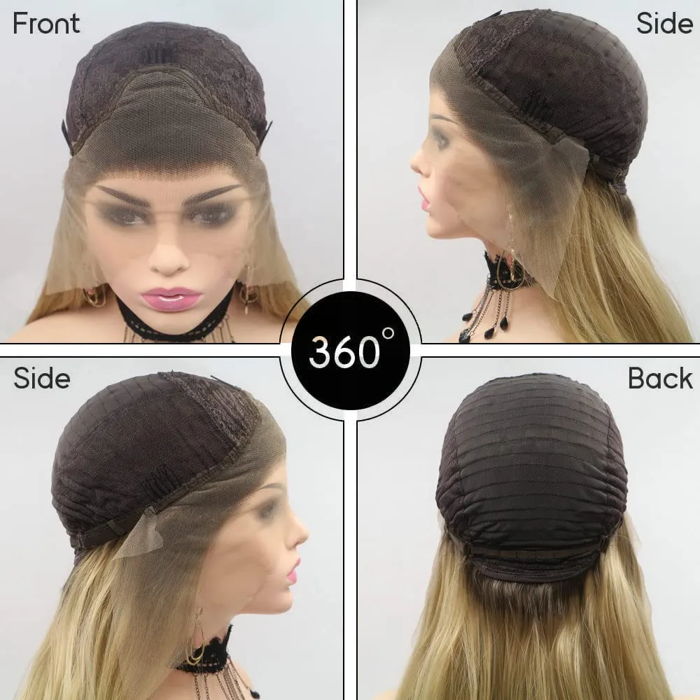 14" Natural Hairline Short Bob Wig for Women Side Part Shoulder Length Dark Roots Ombre Blonde Bob Synthetic Lace Front Wigs Daily Use Girls Replacement Drag Queen Wig 180% Density(4T)