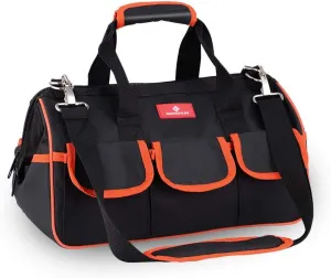 17-inch Tool Bag, Wide Mouth Tool Tote Bag,Muti-Purpose Tool Bag Organiser with Adjustable Shoulder Strap and Plastic-lined External Pockets, for Home DIY & Professional Use, Tool & Equipment Storage