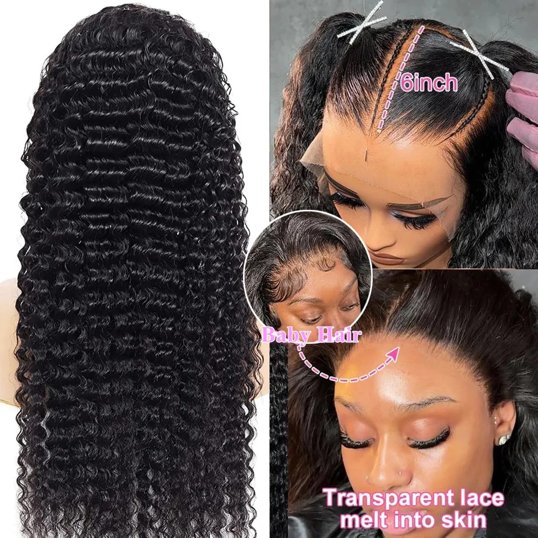 18 Inch Deep Wave Lace Front Wigs Human Hair 13x6 HD Lace Frontal Wigs Human Hair Pre Plucked Deep Curly Lace Front Wigs For Women Glueless Deep Wave Frontal Wig with Baby Hair Natural Black