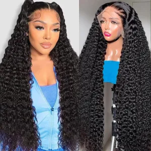 18 Inch Deep Wave Lace Front Wigs Human Hair 13x6 HD Lace Frontal Wigs Human Hair Pre Plucked Deep Curly Lace Front Wigs For Women Glueless Deep Wave Frontal Wig with Baby Hair Natural Black