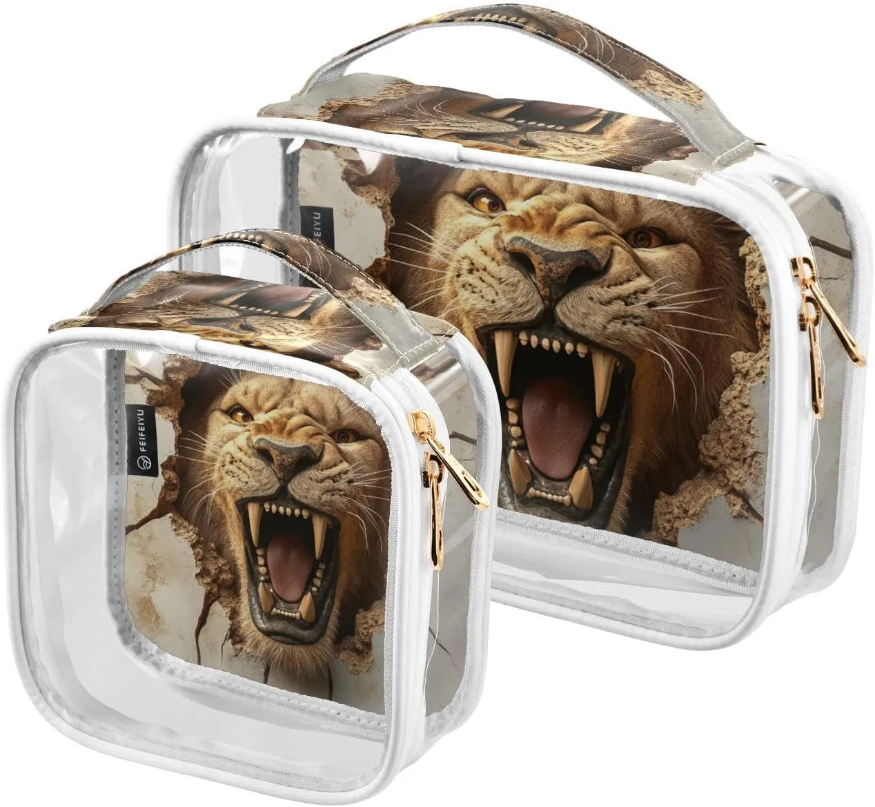 2 Pack 3d Cracked Hole Angry Animal Lion clear decorative makeup and toiletry TSA approved portable makeup bag travel Airport Airline Compliant de maquillaje para