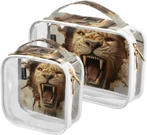 2 Pack 3d Cracked Hole Angry Animal Lion clear decorative makeup and toiletry TSA approved portable makeup bag travel Airport Airline Compliant de maquillaje para
