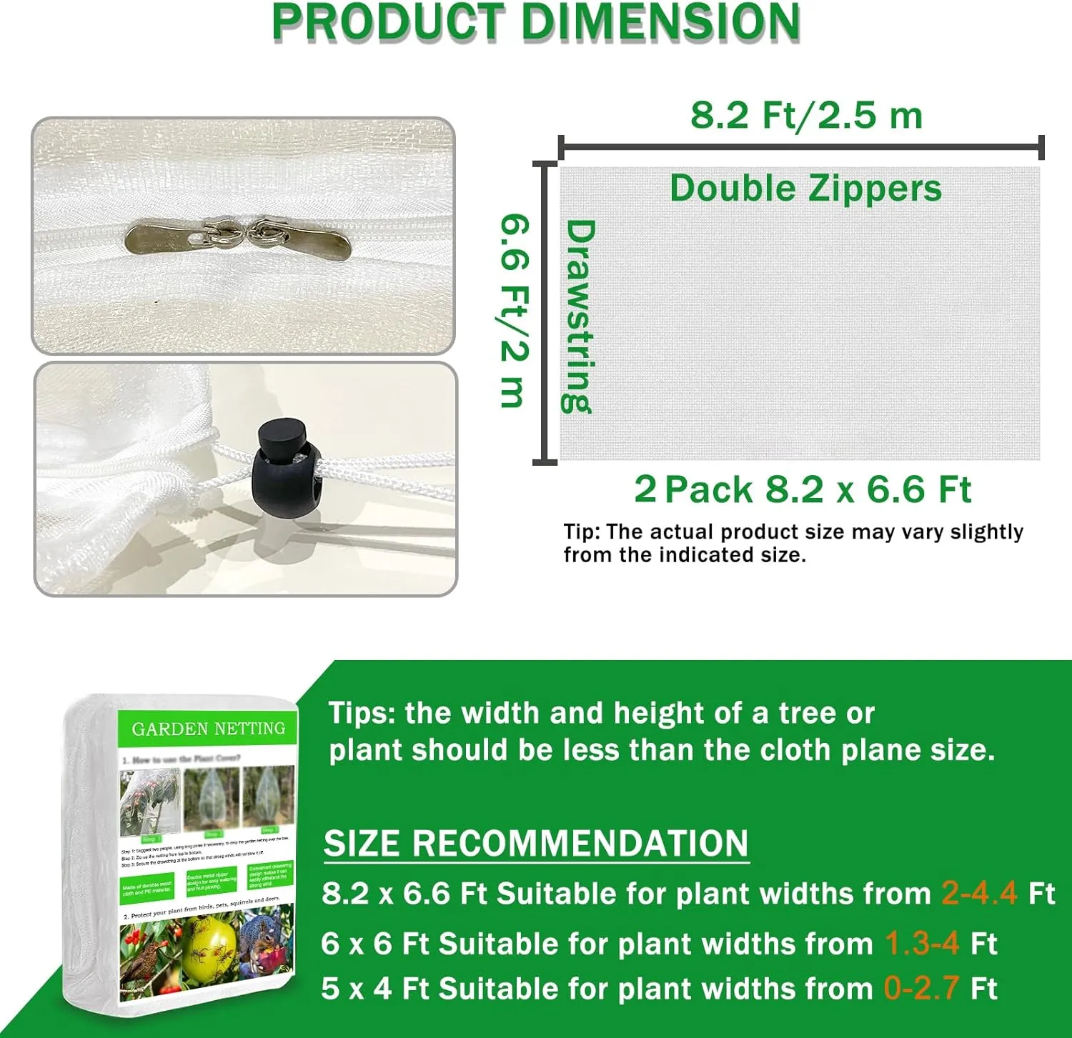 2 Pack 8.2x6.6Ft Large Fruit Tree Netting, Bird Netting for Garden with Zipper and Drawstring, Garden Netting Pest Barrier Plant Cover Protection Fruits Blueberry Citrus for Preventing Deer Squirrel
