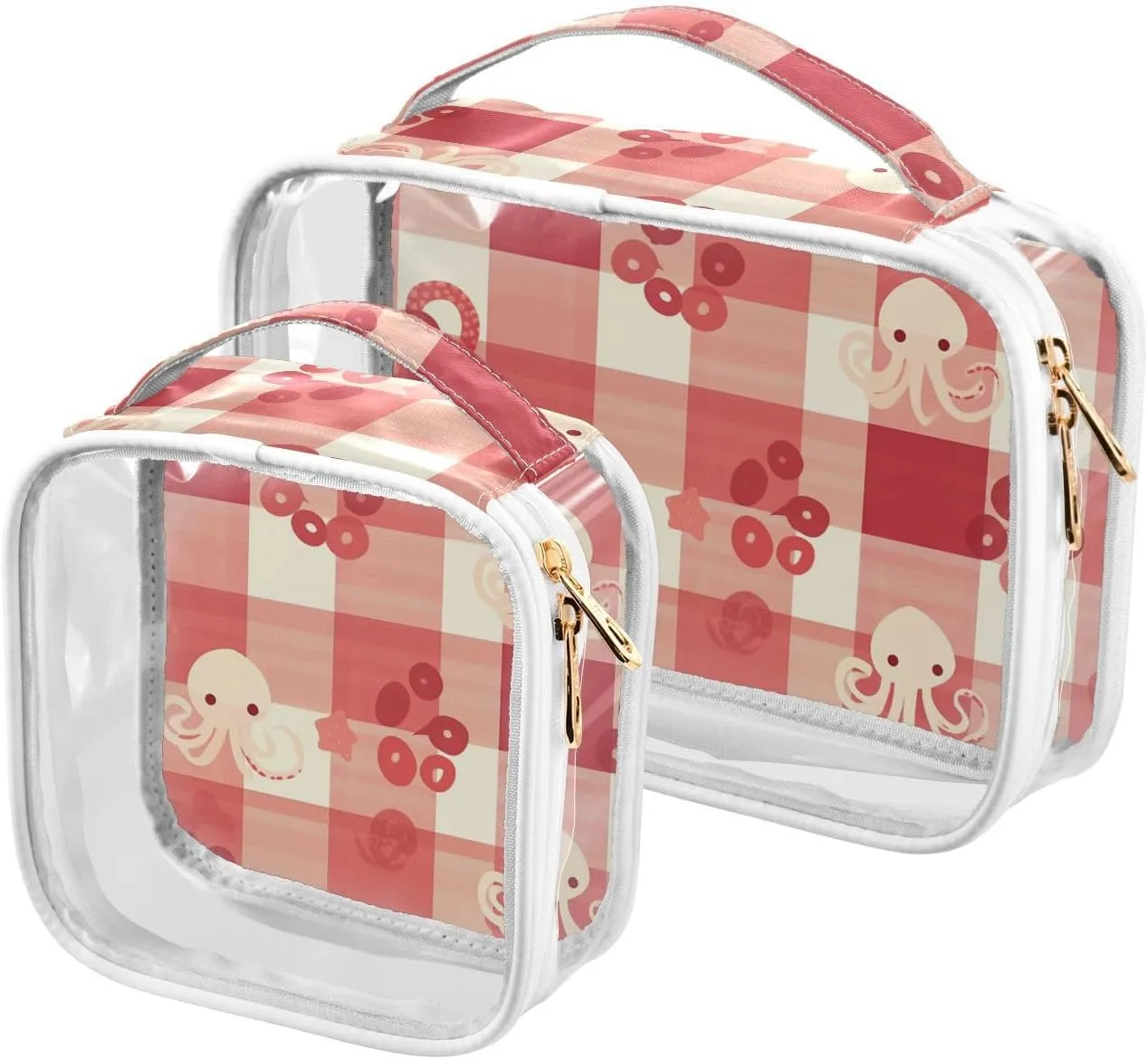 2 Pack clear animal sea Cute Peach Plaid hanging travel toiletry TSA approved portable cosmetic travel bag essential