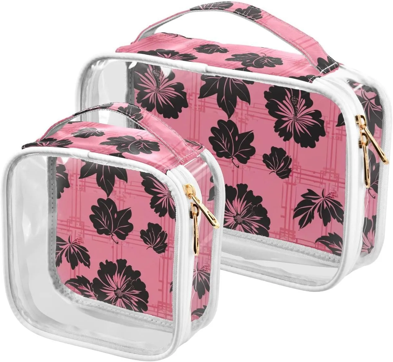 2 Pack clear Black Flowers on Blush Background hanging toiletry bags TSA approved transparent makeup organizer bag travel essential
