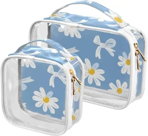 2 Pack clear Blue Background with A White Daisies Pattern toiletry bag for women TSA approved waterproof makeup travel bag travel essential