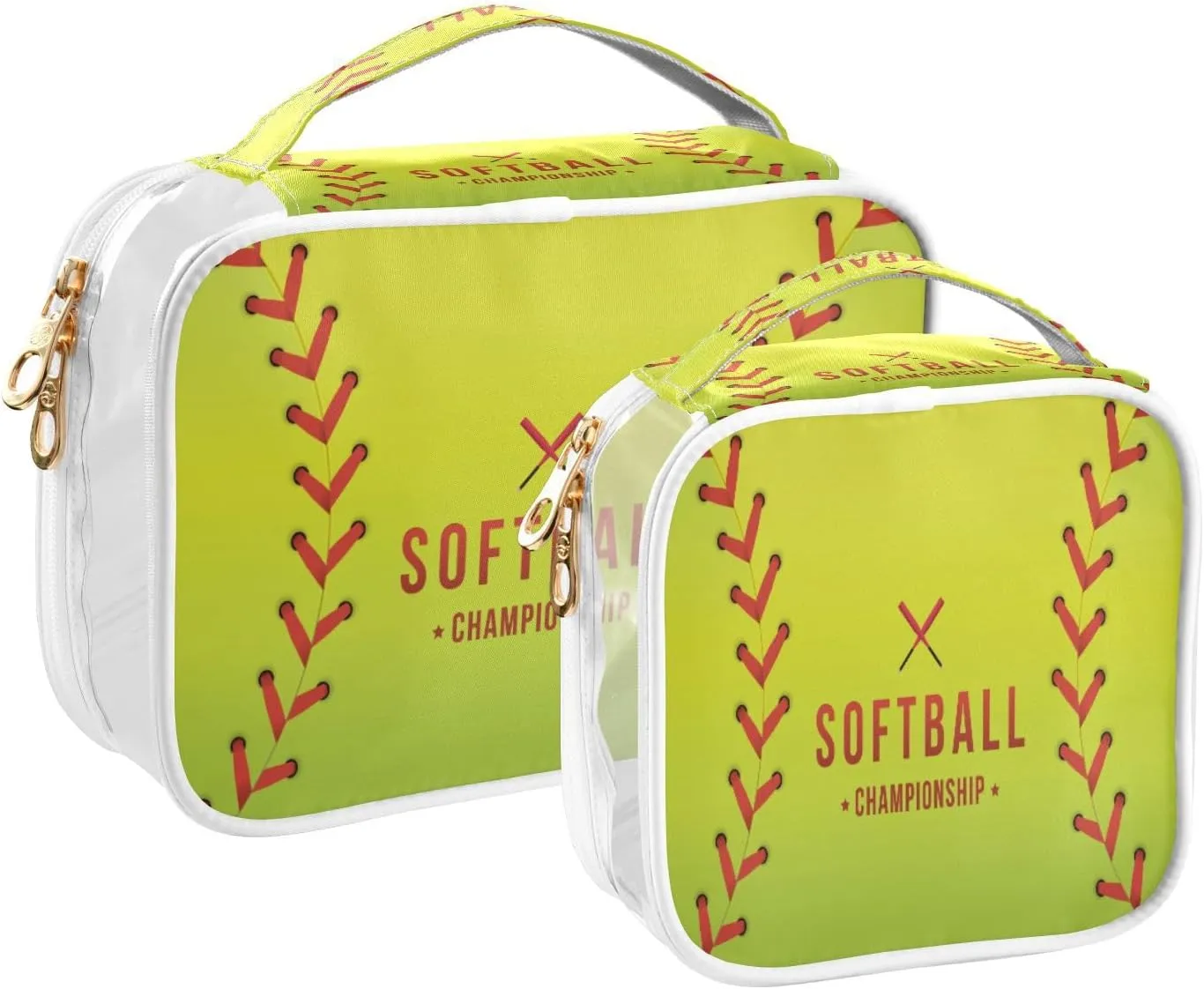 2 Pack Clear Makeup Bag with Handles Softball Championship PVC Waterproof Clear Toiletry Bag for Women Men Traveling Red Stitching Baseballs Carry on Clear Travel Pouch Cosmetic Bags