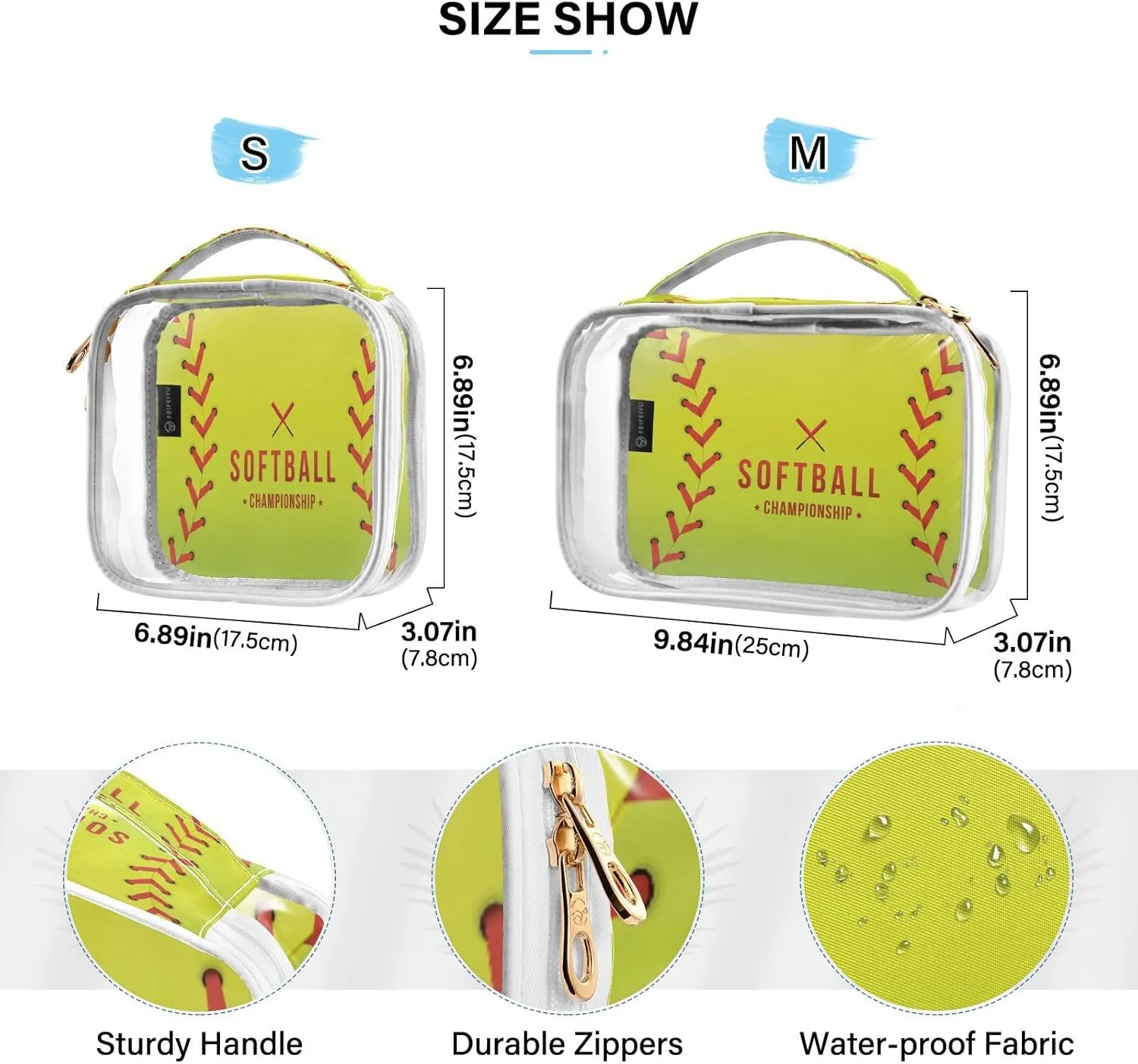 2 Pack Clear Makeup Bag with Handles Softball Championship PVC Waterproof Clear Toiletry Bag for Women Men Traveling Red Stitching Baseballs Carry on Clear Travel Pouch Cosmetic Bags