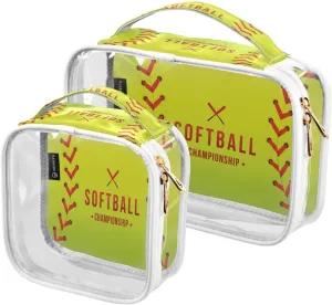 2 Pack Clear Makeup Bag with Handles Softball Championship PVC Waterproof Clear Toiletry Bag for Women Men Traveling Red Stitching Baseballs Carry on Clear Travel Pouch Cosmetic Bags
