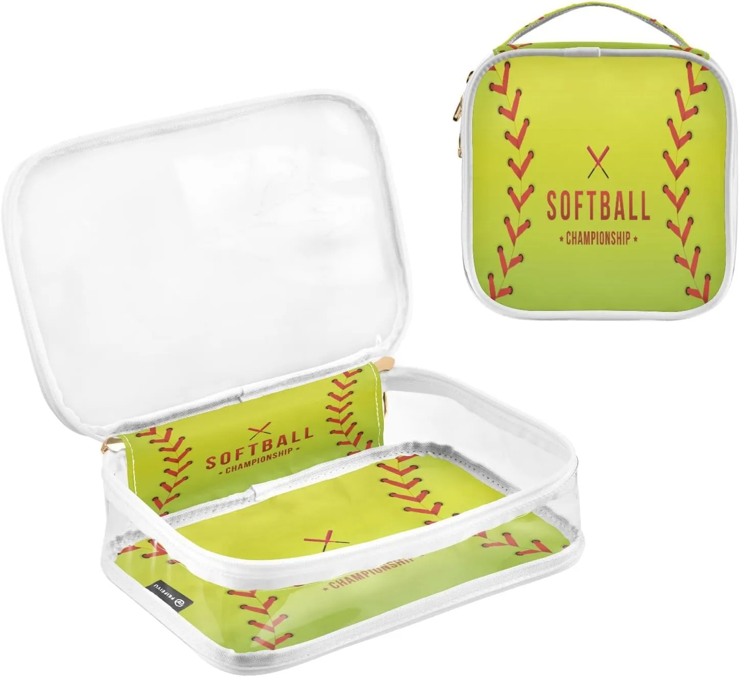 2 Pack Clear Makeup Bag with Handles Softball Championship PVC Waterproof Clear Toiletry Bag for Women Men Traveling Red Stitching Baseballs Carry on Clear Travel Pouch Cosmetic Bags