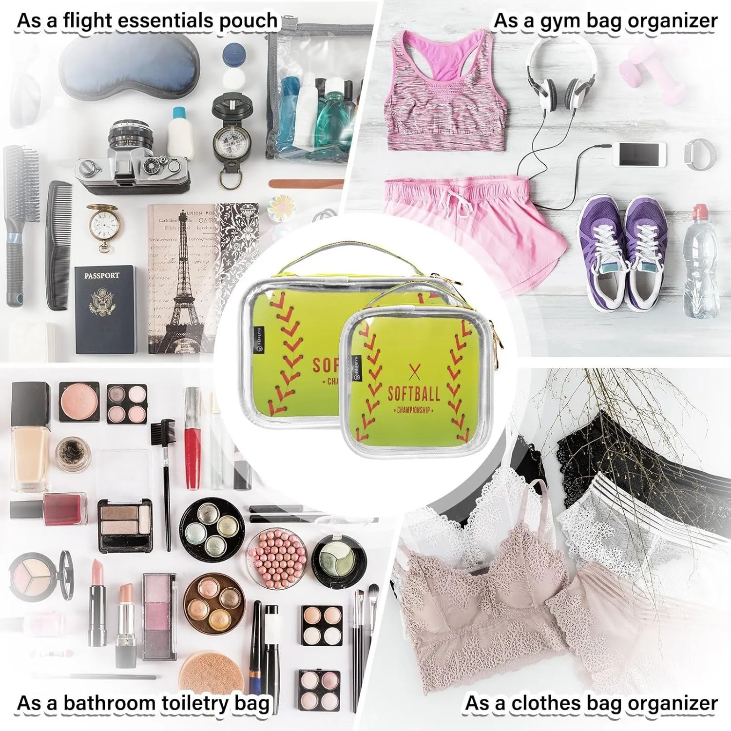 2 Pack Clear Makeup Bag with Handles Softball Championship PVC Waterproof Clear Toiletry Bag for Women Men Traveling Red Stitching Baseballs Carry on Clear Travel Pouch Cosmetic Bags