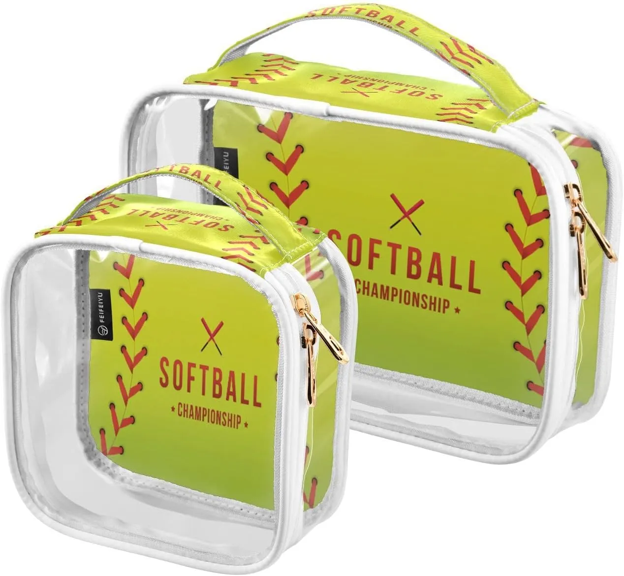 2 Pack Clear Makeup Bag with Handles Softball Championship PVC Waterproof Clear Toiletry Bag for Women Men Traveling Red Stitching Baseballs Carry on Clear Travel Pouch Cosmetic Bags