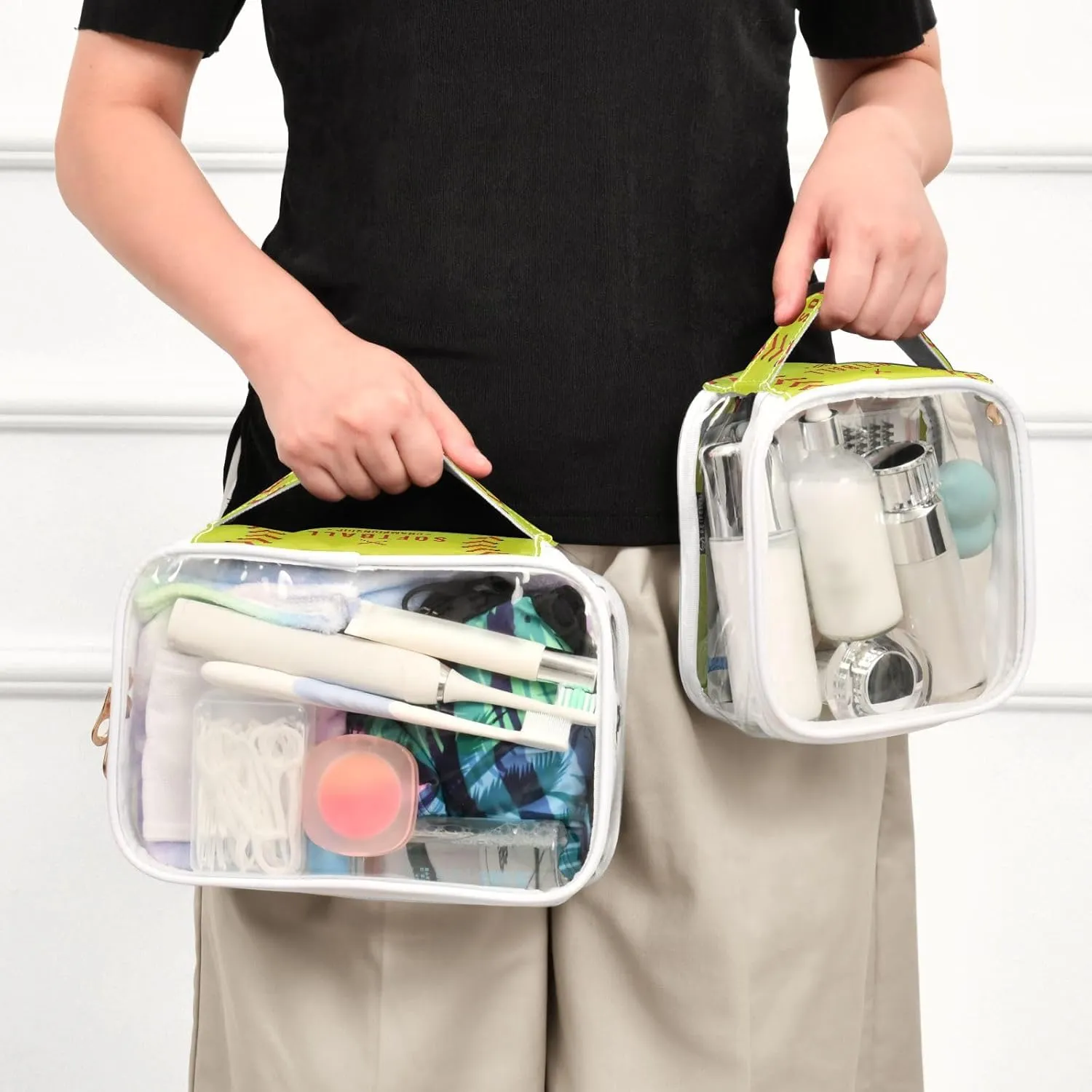 2 Pack Clear Makeup Bag with Handles Softball Championship PVC Waterproof Clear Toiletry Bag for Women Men Traveling Red Stitching Baseballs Carry on Clear Travel Pouch Cosmetic Bags
