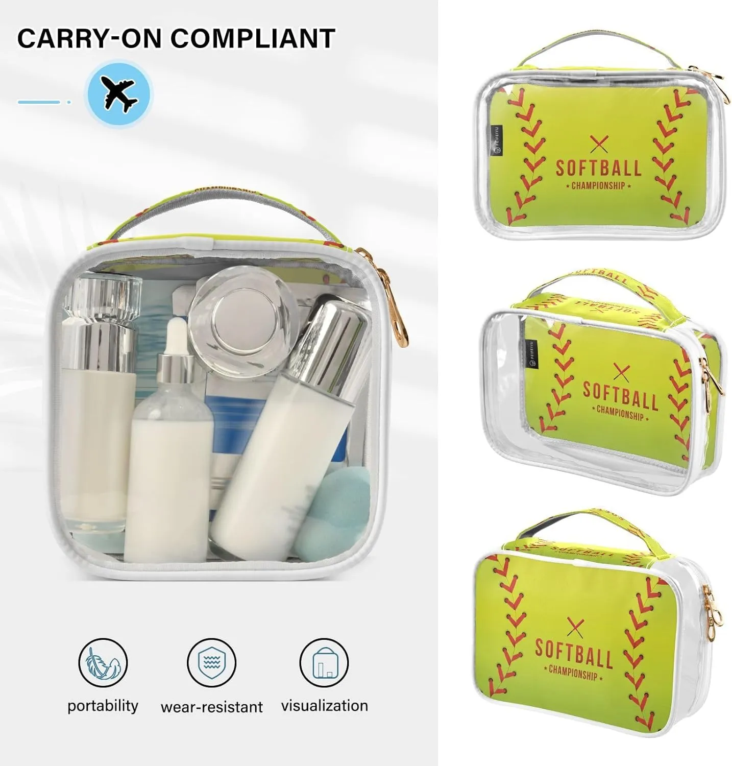 2 Pack Clear Makeup Bag with Handles Softball Championship PVC Waterproof Clear Toiletry Bag for Women Men Traveling Red Stitching Baseballs Carry on Clear Travel Pouch Cosmetic Bags