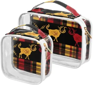 2 Pack clear Red Yellow Black Buffalo Plaid hanging travel toiletry TSA approved transparent makeup brush bag Airport Airline Compliant