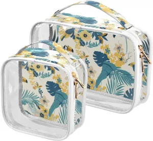 2 Pack clear Tropical Style Leaves and Bird Pattern Yellow and Blue travel toiletry bag TSA approved portable large cosmetic bag travel essential