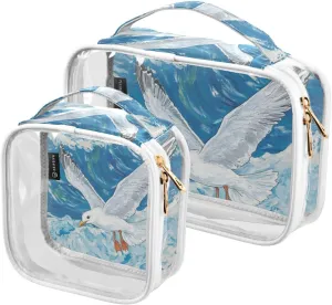 2 Pack White Gull Flying over Sea clear decorative mens toiletry travel bag TSA approved waterproof large cosmetic bag Men’s shaving kit para maquillaje