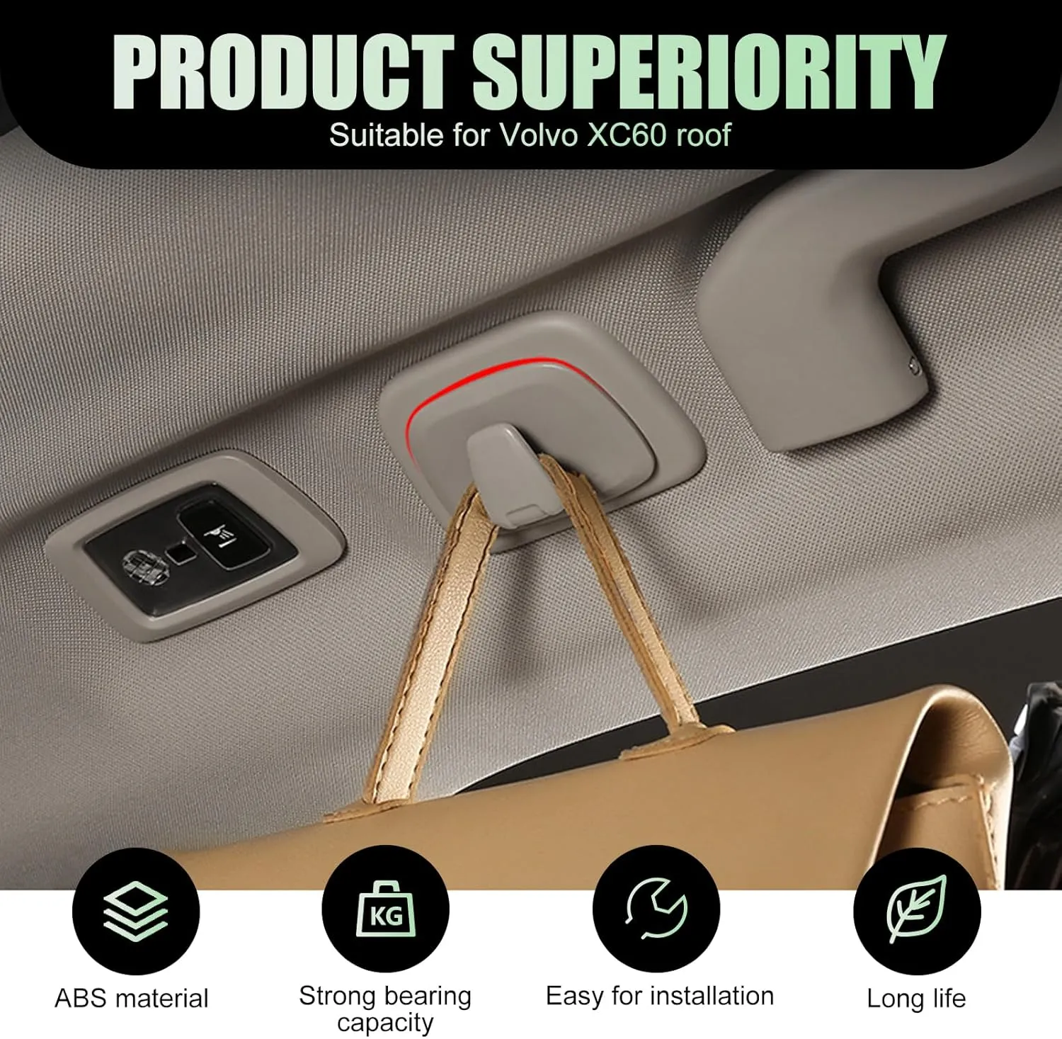 2 PCS Car Clothes Hooks, Locking Design Swivel Mounted Hooks, Multifunctional Roof Clothes Storage Accessory, Compatible with Volvo XC60 XC40 XC90 V90 S90 (Grey)