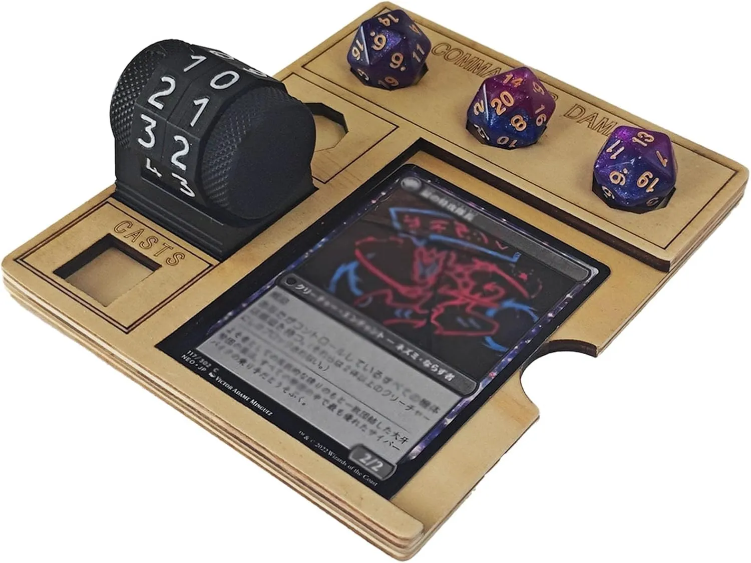 2-pcs MTG Commander Damage Tracker Board, Card Display with Life Counter Wheel 0-99, Dice Storage Compartments, Gaming Accessory