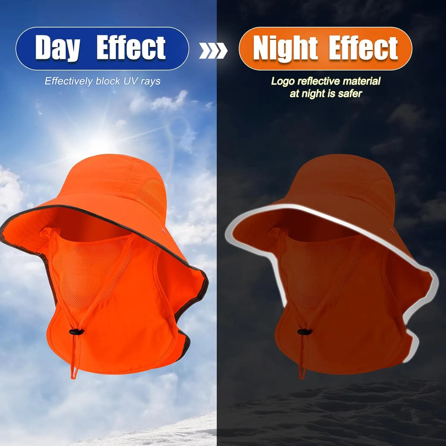 2 Pcs Sun Protection Fishing Hats with Removable Face Cover Neck Flap Visibility Reflective Boonie Hat Bucket Cap