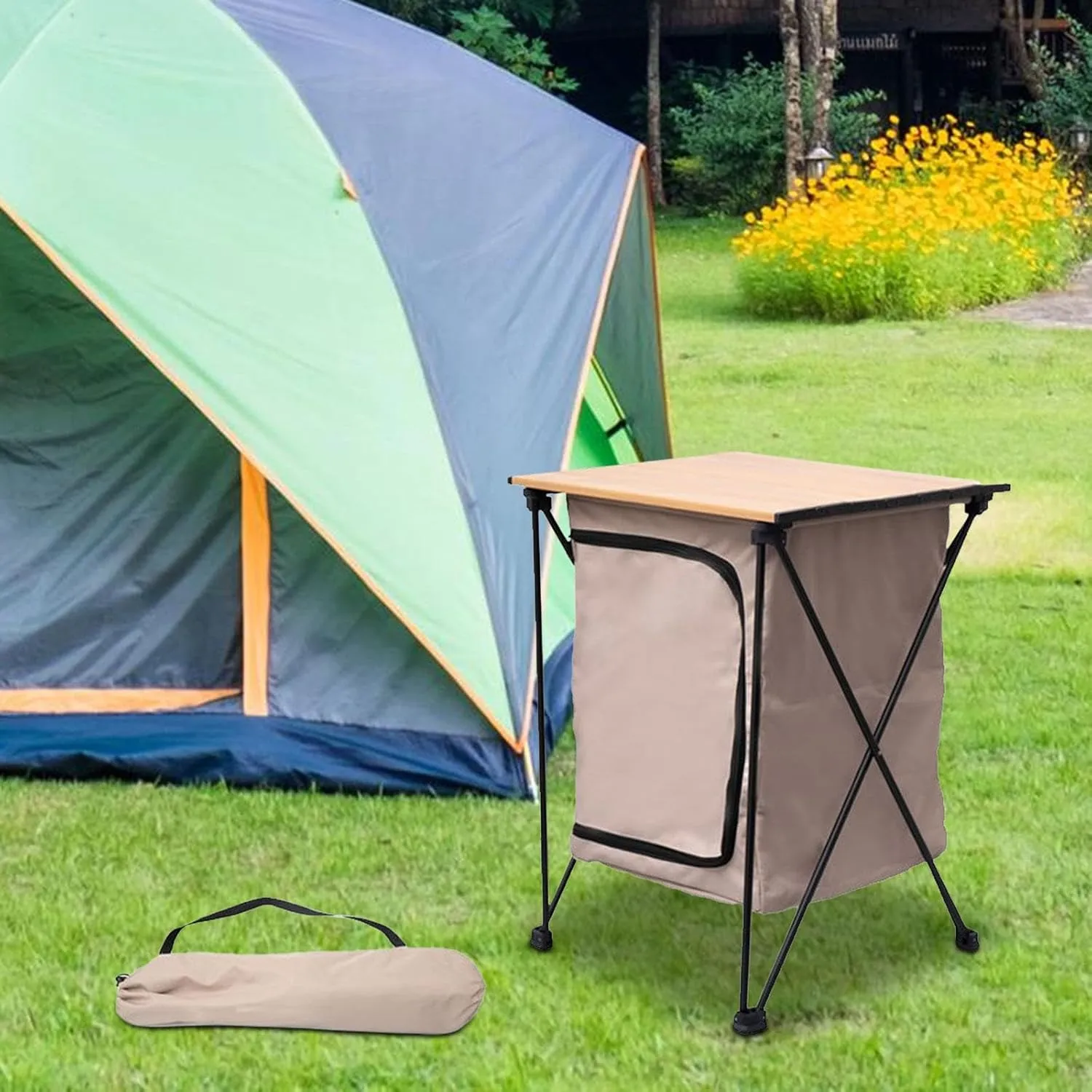 2 Tier Camping Cabinet, Storage Cabinet, Kitchen Table Organizer for Outdoor Activities, Backyard, Khaki