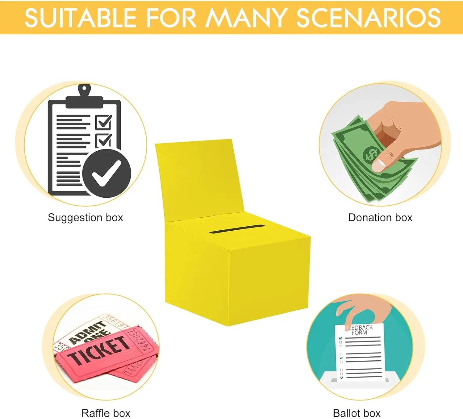 20 Pack Raffle Boxes Ballot Box Suggestion Box with Slot, 6.5 x 4.5 x 4.5 Inch Cardboard Raffle Boxes with Slot for Ticket and Removable Header for Collecting Business Card Voting Contest (Yellow)