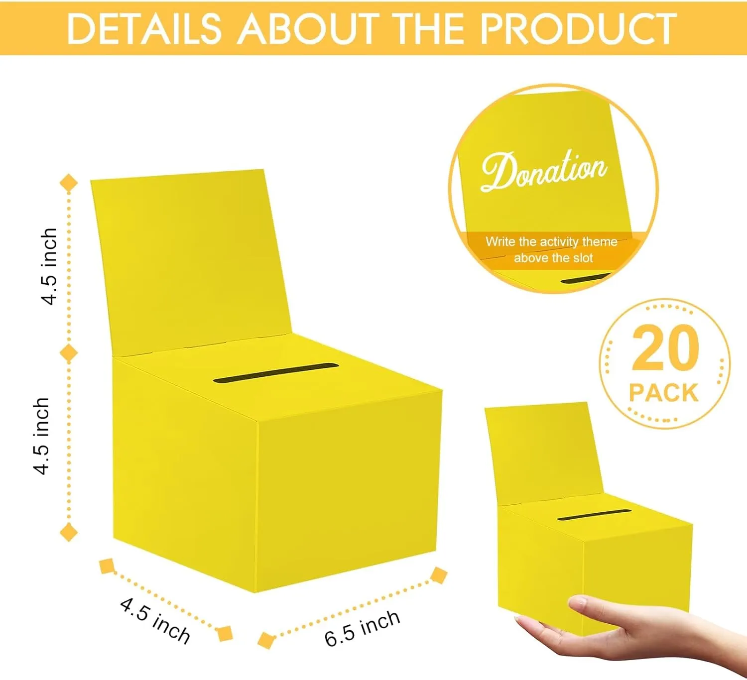 20 Pack Raffle Boxes Ballot Box Suggestion Box with Slot, 6.5 x 4.5 x 4.5 Inch Cardboard Raffle Boxes with Slot for Ticket and Removable Header for Collecting Business Card Voting Contest (Yellow)