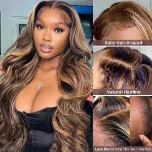 250% Density 360 Lace Front Wigs Human Hair Pre Plucked Honey Blonde Body Wave Lace Front Wigs with Baby Hair Full 360 Glueless HD Transparent Lace Front Human Hair Wigs for women 4/27 Human Hair Wig